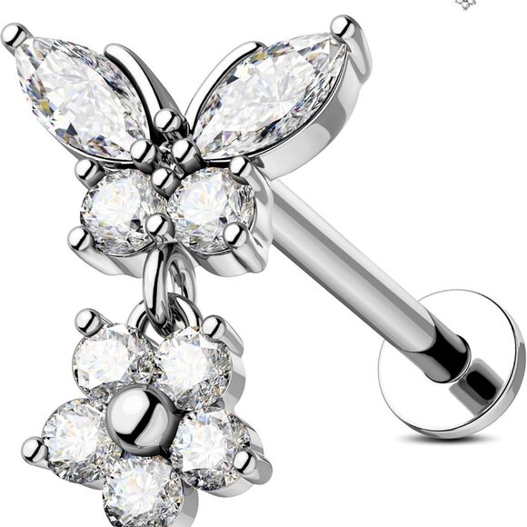 Sterling Steel Flat Back Earrings 16g Butterfly Flower Dangle Jewelry for Women - Picture 1 of 7